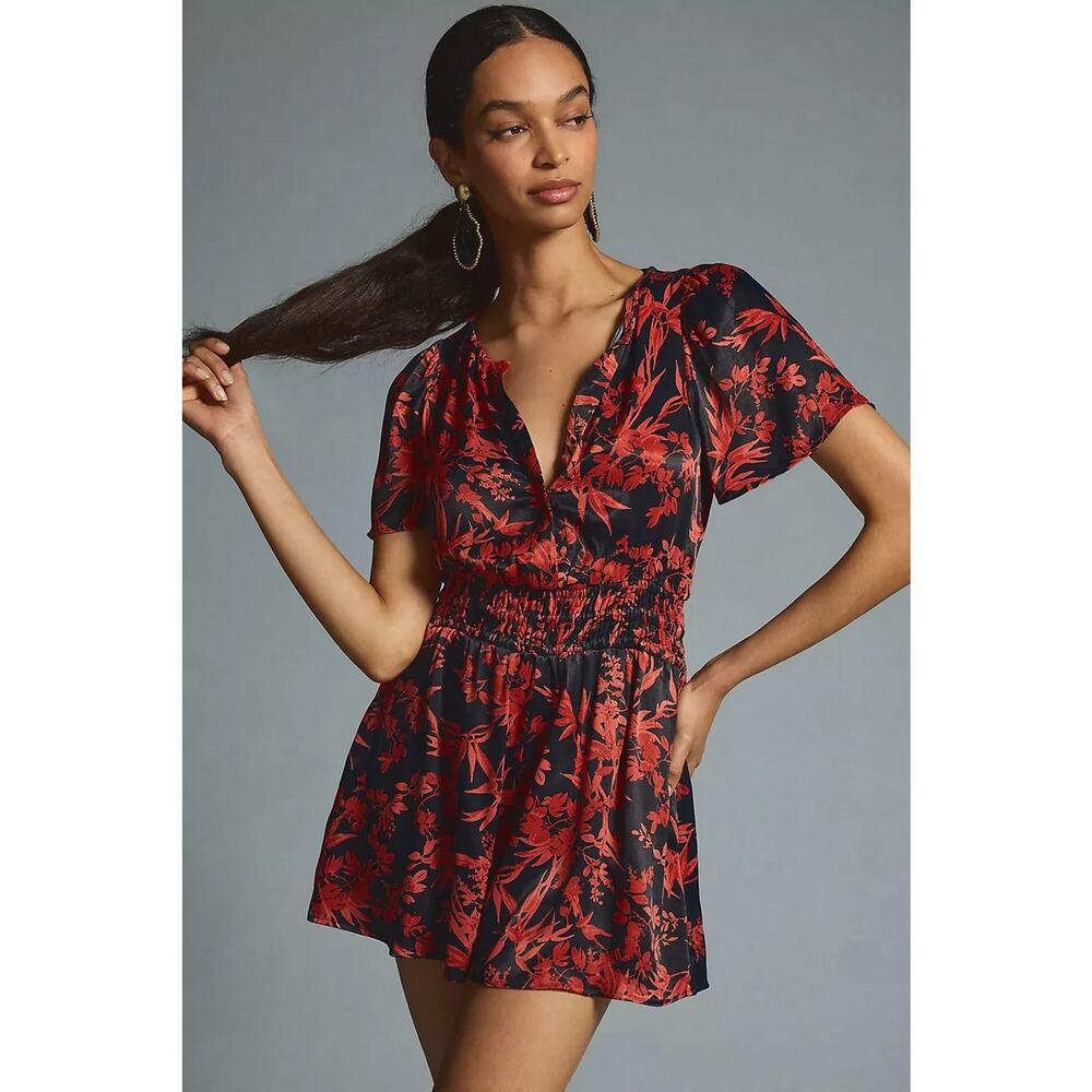 by Anthropologie The Somerset Romper Red Black Floral 1-Piece Anthro Size Small